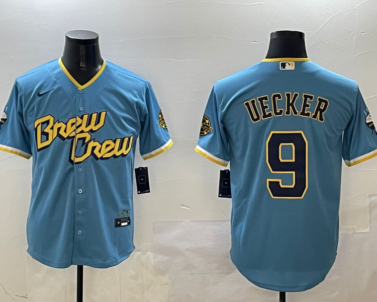 Men's Milwaukee Brewers Bob Uecker #9 Powder Blue City Connect Jersey