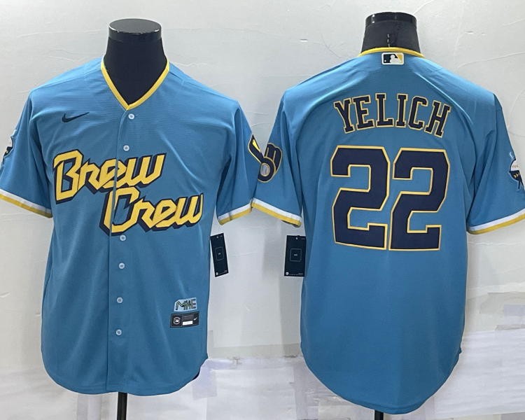 Men's Milwaukee Brewers Christian Yelich #22 Blue Stitched Jersey