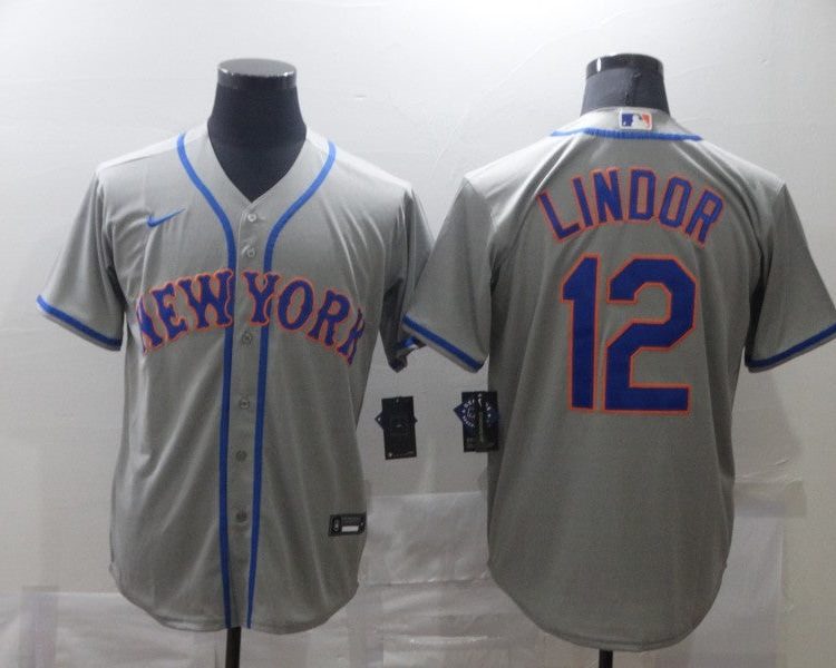 Men's New York Mets Francisco Lindor #12 Gray Baseball Jersey