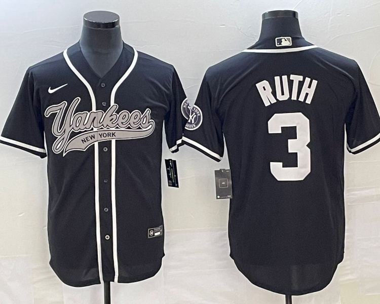 Men's New York Yankees Babe Ruth #3 Black Jersey Joint Edition