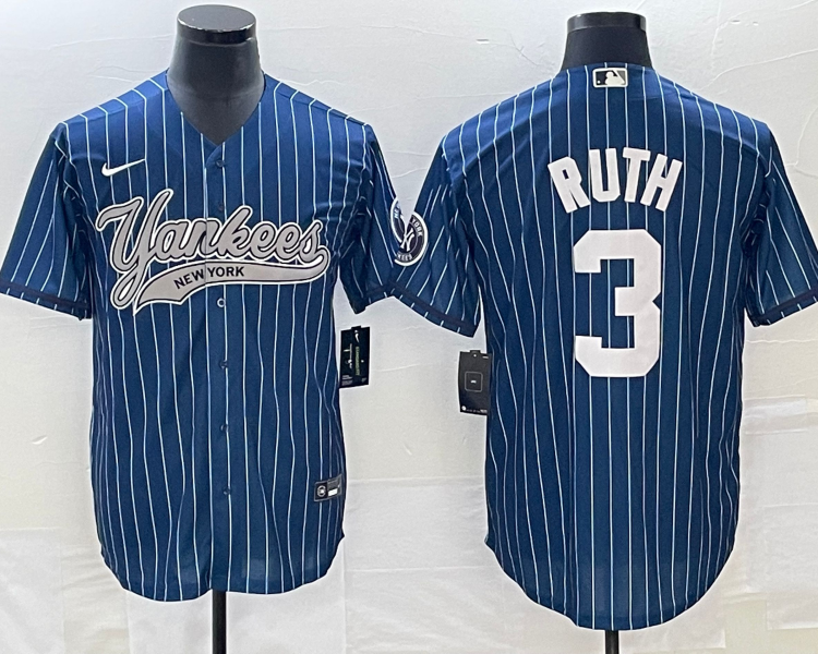 Men's New York Yankees Babe Ruth #3 Blue Jersey Joint Edition