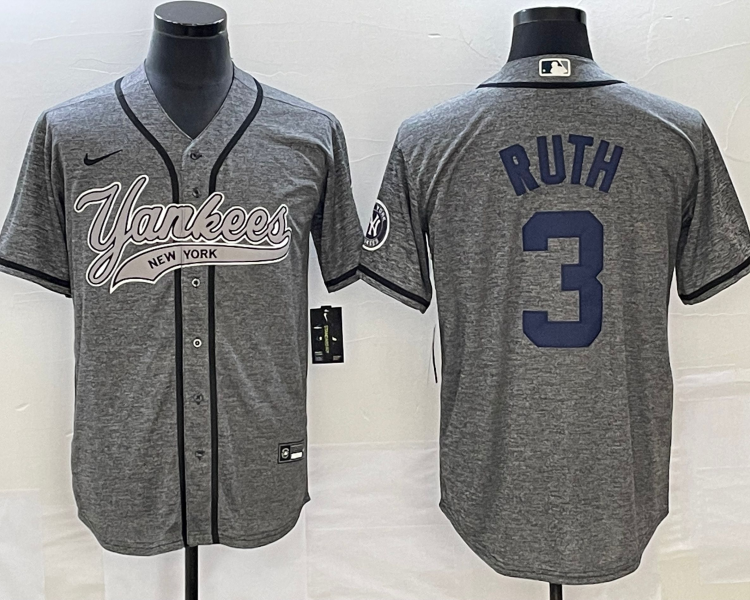 Men's New York Yankees Babe Ruth #3 Gray Jersey Joint Edition