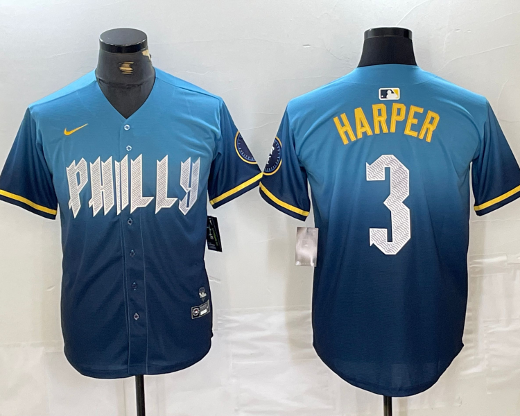 Men's Philadelphia Phillies Bryce Harper #3 Blue 2024 City Connect Limited Jersey