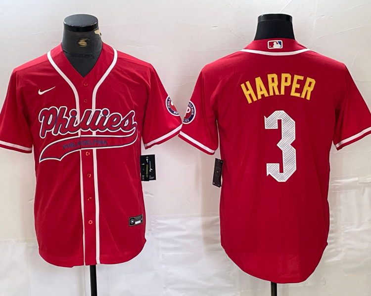 Men's Philadelphia Phillies Bryce Harper #3 Red Jersey Joint Edition