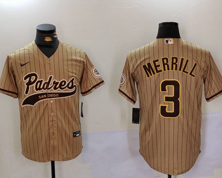 Men's San Diego Padres Jackson Merrill #3 Tan Alternate Jersey