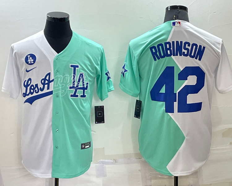 Men's Los Angeles Dodgers Jackie Robinson #42 White/Green Baseball Jersey