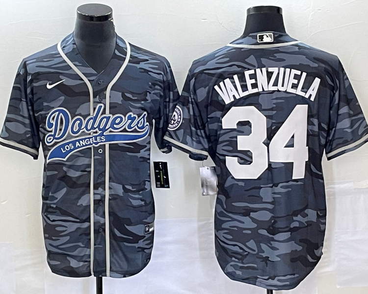 Men's Los Angeles Dodgers Fernando Valenzuela #34 Grey Camouflage Jersey Joint Edition