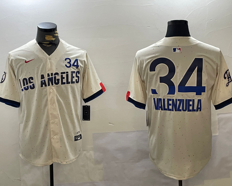 Men's Los Angeles Dodgers Fernando Valenzuela #34 Cream 2024 World Series Champions City Connect Limited Jersey
