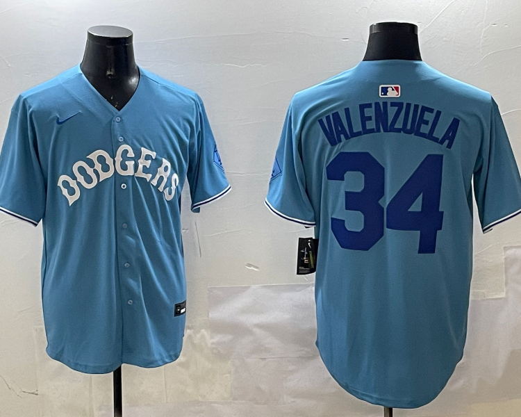 Men's Los Angeles Dodgers Fernando Valenzuela #34 Light Blue Jersey