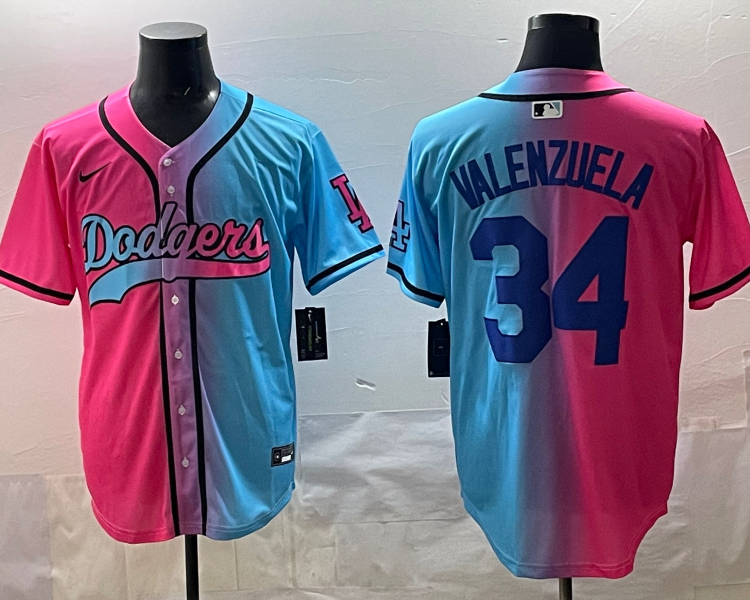 Men's Los Angeles Dodgers Fernando Valenzuela #34 Pink/Blue Jersey
