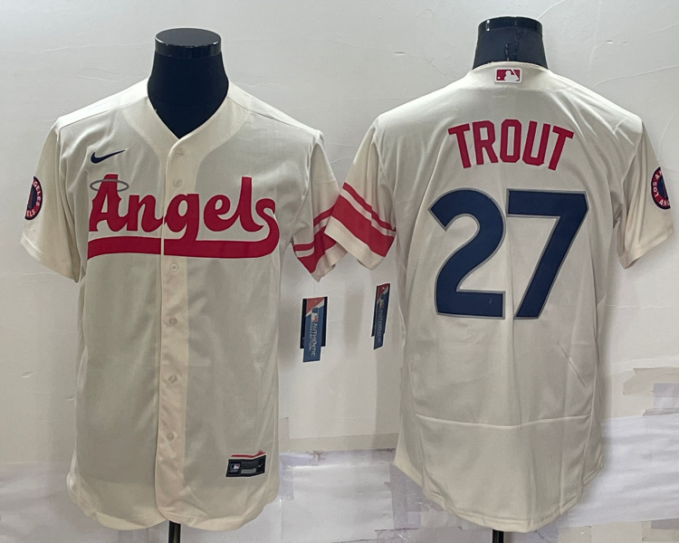 Men's Los Angeles Angels Mike Trout #27 Beige Stitched Jersey