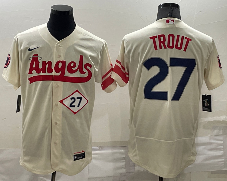 Men's Los Angeles Angels Mike Trout #27 Beige Stitched Jersey