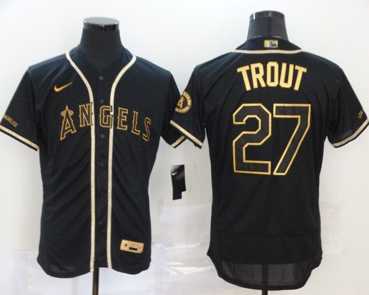 Men's Los Angeles Angels Mike Trout #27 Black Sewn Jersey