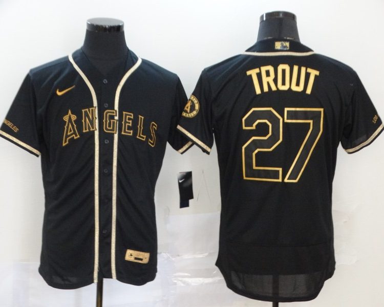 Men's Los Angeles Angels Mike Trout #27 Black Sewn Jersey