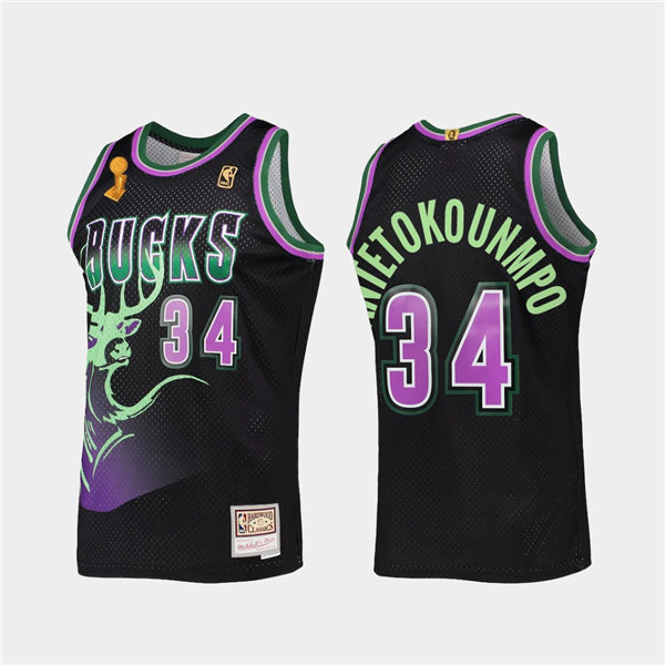 Mens Milwaukee Bucks #34 Giannis Antetokounmpo Mitchell & Ness Black HWC Reload 2X NBA Finals Champions Jersey