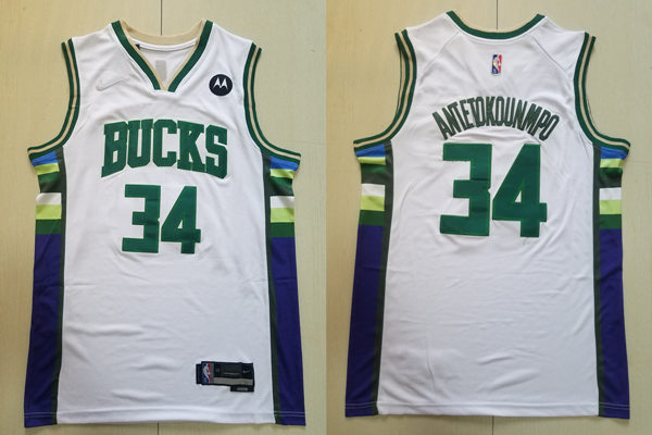 Mens Milwaukee Bucks #34 Giannis Antetokounmpo White 75th Anniversary 2021-22 Diamond City Edition Jersey