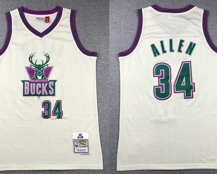 Mens Milwaukee Bucks #34 Ray Allen Mitchell & Ness Chainstitch Swingman Jersey - Cream