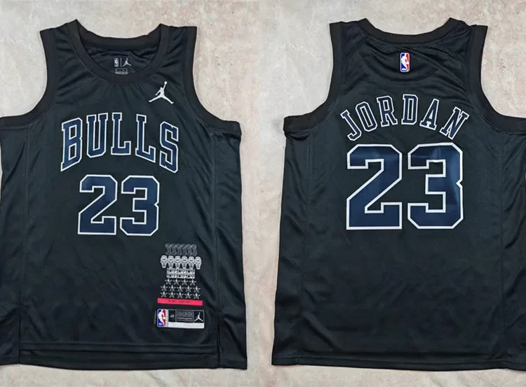 Men's Chicago Bulls #23 Michael Jordan Black 6 Times Chamipons MVP Honor Hot Press Jersey