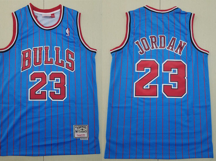 Mens Chicago Bulls #23 Michael Jordan Mitchell & Ness Blue Red Pinstripe 1995-96 Hardwood Classics Reload Jersey