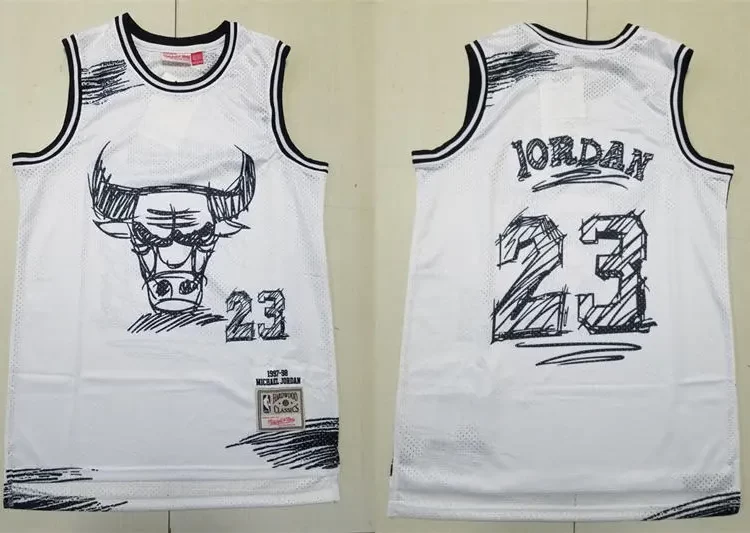 Mens Chicago Bulls #23 Michael Jordan White sketch designed 1997-98 Throwback Jersey