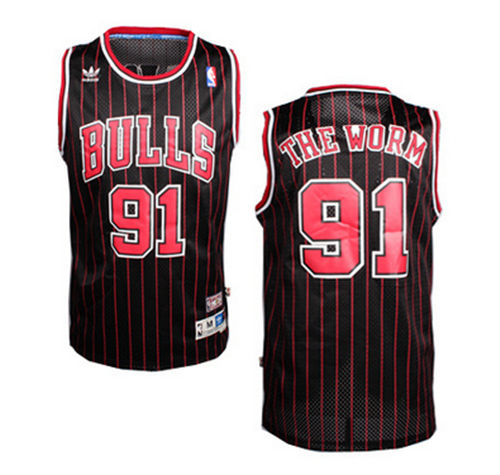 Mens Chicago Bulls #91 Dennis Rodman Black Pinstripe NickName "The Worm" Jersey