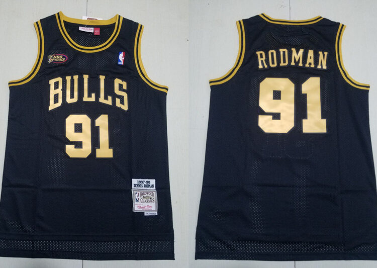 Mens Chicago Bulls #91 Dennis Rodman Mitchell & Ness 1997-98 Black Golden Hardwood Classics Jersey