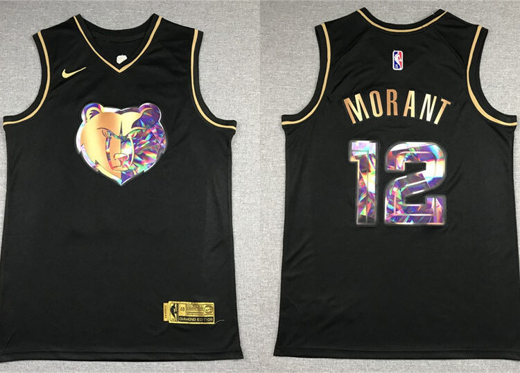 Mens Memphis Grizzlies #12 Ja Morant 2021-22 Diamond Team Logo NBA 75th Season Black  Golden Jersey