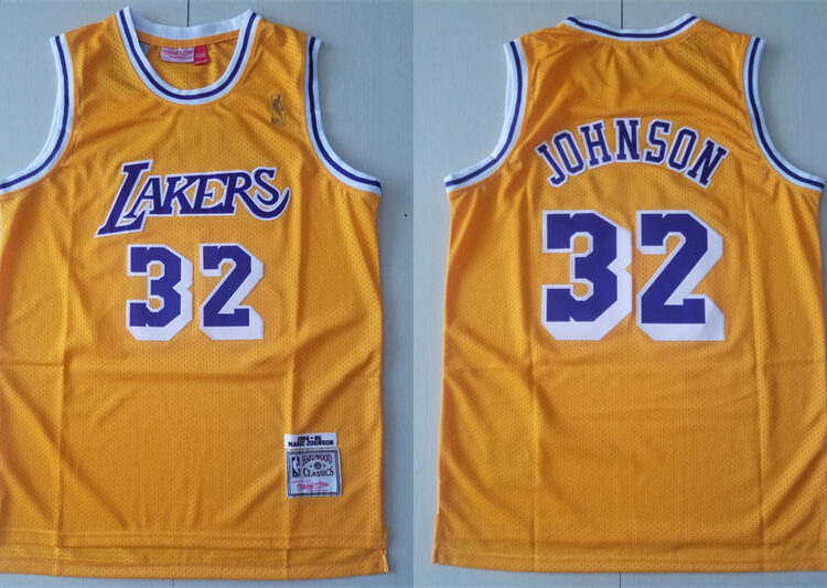 Mens Los Angeles Lakers #32 Magic Johnson 1984-85 Gold Swingman Throwback Jersey