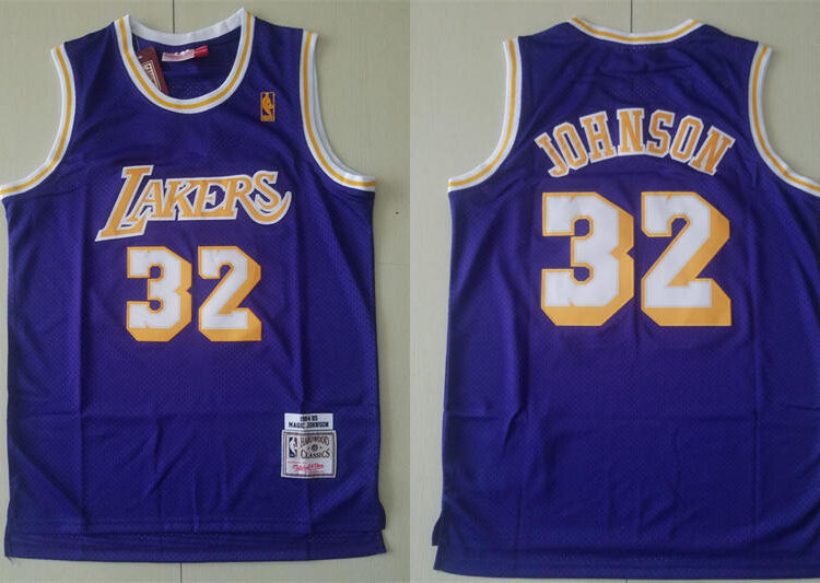Men's Los Angeles Lakers #32 Magic Johnson 1984-85 Purple Swingman Throwback Jersey