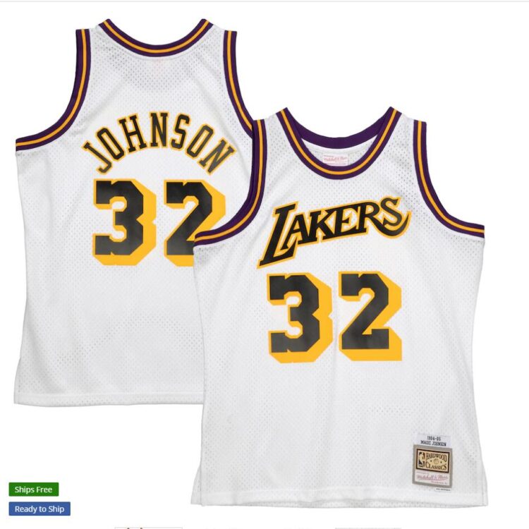 Men's Los Angeles Lakers #32 Magic Johnson White Mitchell & Ness 1984-85 Hardwood Classics Reload 2.0 Jersey