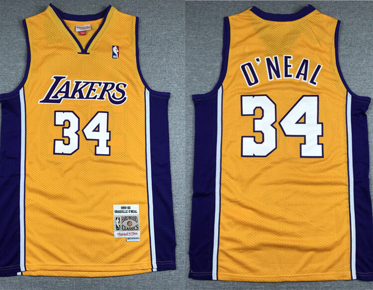Mens Los Angeles Lakers #34 Shaquille O'Neal 1999-2000 Gold Purple Hardwood Classics Throwback Jersey