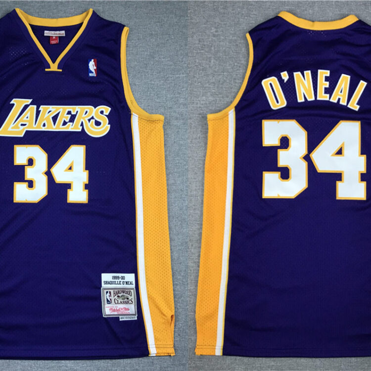 Mens Los Angeles Lakers #34 Shaquille O'Neal 1999-2000 Purple Gold Mitchell&Ness  Hardwood Classics Throwback Jersey