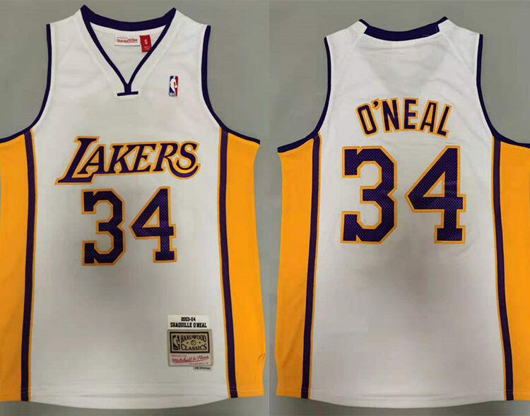 Mens Los Angeles Lakers #34 Shaquille O'neal 2003-04 White Mitchell & Ness Hardwood Classics Throwback Jersey