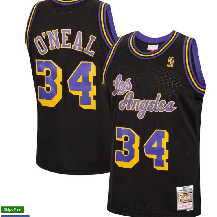 Mens Los Angeles Lakers #34 Shaquille O'Neal Black Mitchell & Ness 1996-97 Hardwood Classics Reload Swingman Jersey