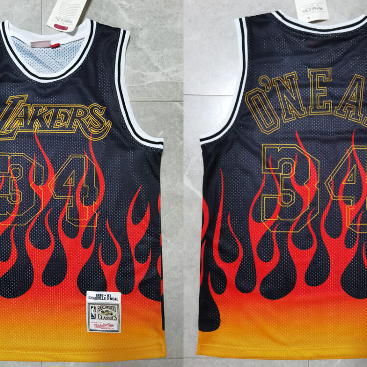 Mens Los Angeles Lakers #34 Shaquille O'Neal Mitchell & Ness 1998-99 NBA Hardwood Classics Black Flames Jersey