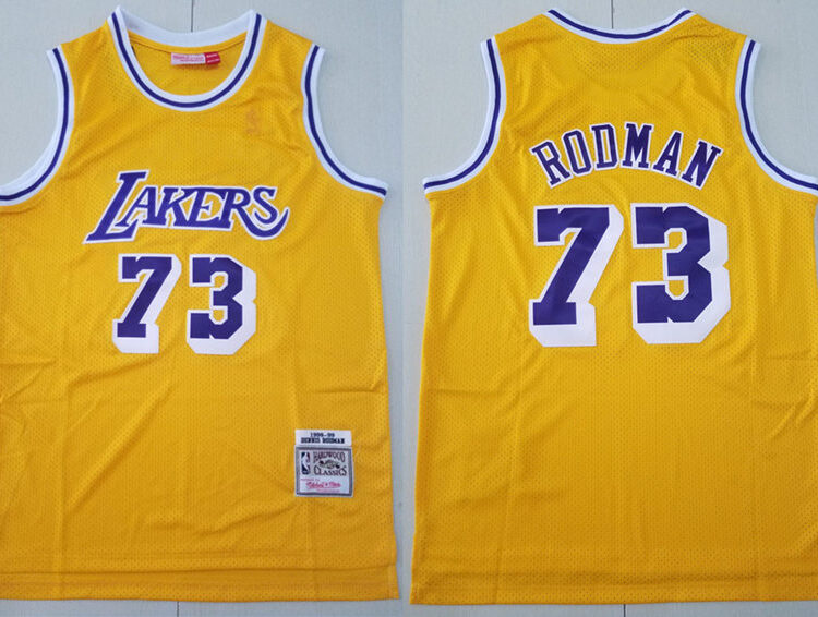 Mens Los Angeles Lakers #73 Dennis Rodman 1998-99 Yellow Mitchell&Ness Throwback Swingman Jersey