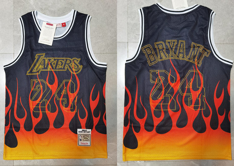 Mens Los Angeles Lakers #24 Kobe Bryant Stitched Mitchell & Ness 1998-99 NBA Hardwood Classics Black Flames Jersey