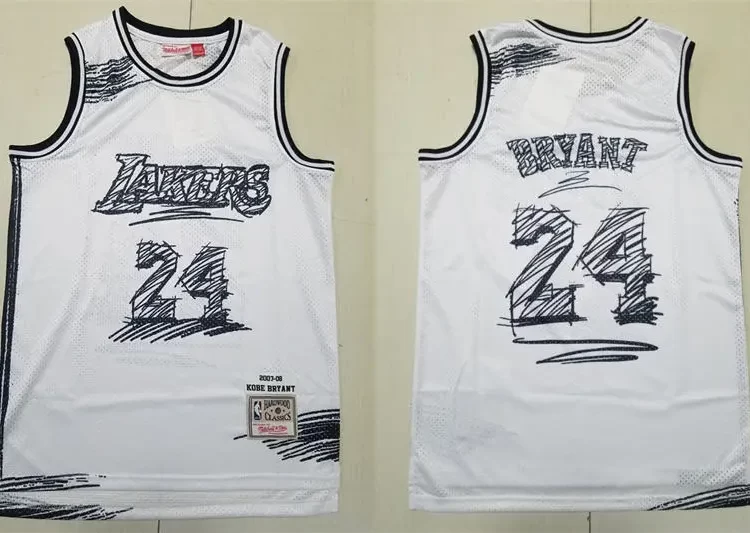 Mens Los Angeles Lakers #24 Kobe Bryant White sketch designed 2007-08 Throwback Jersey