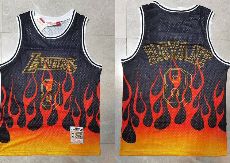 Men's Los Angeles Lakers #8 Kobe Bryant Mitchell & Ness 1998-99 NBA Hardwood Classics Black Flames Jersey