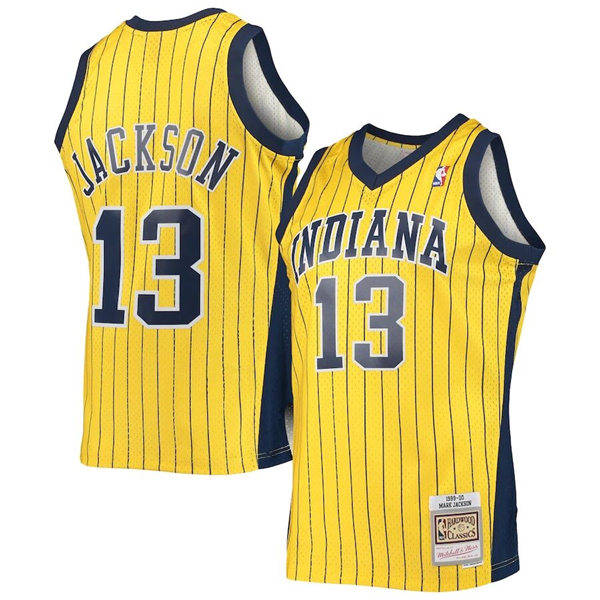 Mens Indiana Pacers #13 Mark Jackson Gold Pinstripe Mitchell & Ness 1999-00 Hardwood Classics Swingman Jersey
