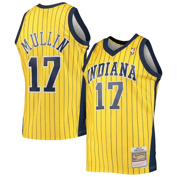 Mens Indiana Pacers #17 Chris Mullin Gold Pinstripe Mitchell & Ness 1999-00 Hardwood Classics Swingman Jersey
