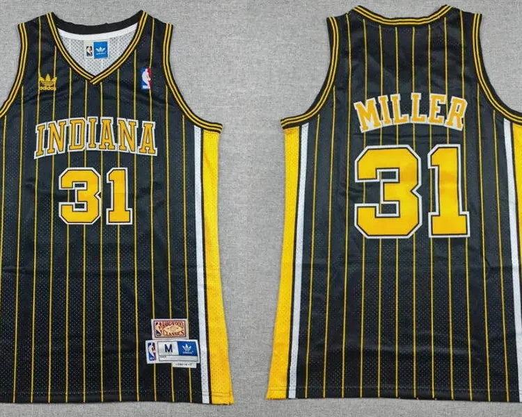 Men's Indiana Pacers #31 Reggie Miller Navy Blue Pinstirpe Throwback Swingman Jersey