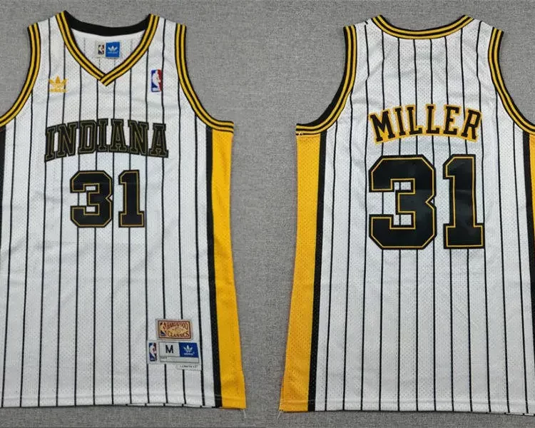 Men's Indiana Pacers #31 Reggie Miller White With Pinstripe Throwback Swingman Jersey