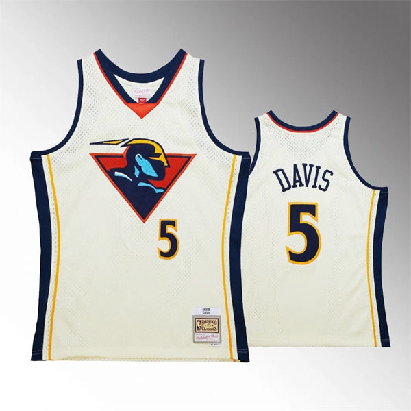 Mens Golden State Warriors #5 Baron Davis Mitchell & Ness Cream Chainstitch Swingman Jersey