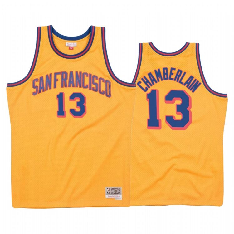 Mens Golden State Warriors Retired Player #13 Wilt Chamberlain Gold 1962-63 Hardwood Classics Jersey