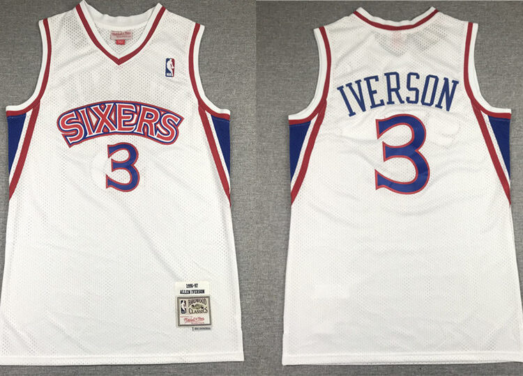 Mens Philadelphia 76ers #3 Allen Iverson 1996-97 White Throwback Hardwood Classics Jersey
