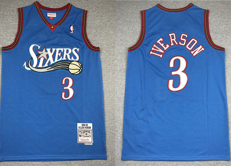 Mens Philadelphia 76ers #3 Allen Iverson 1999-2000 Blue Throwback Hardwood Classics Jersey