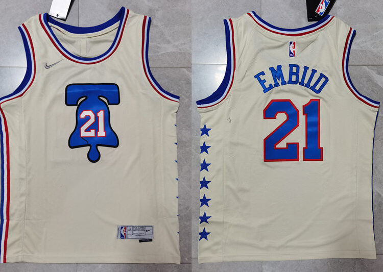 Men's Philadelphia 76ers #21 Joel Embiid Nike Cream 2021 Earned Edition Swingman Jersey