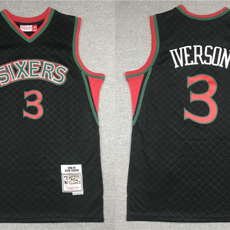 Mens Philadelphia 76ers #3 Allen Iverson Mitchell & Ness Neapolitan Black Hardwood Classic Jersey