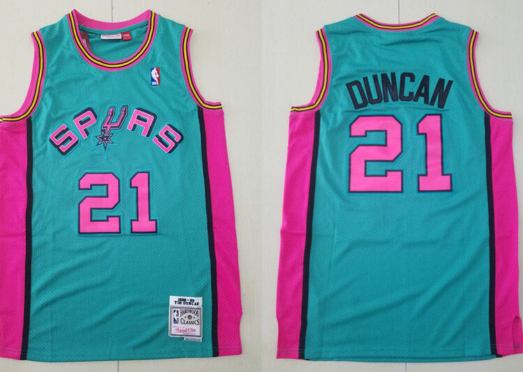 Mens San Antonio Spurs Retired Player #21 Tim Duncan Teal Mitchell & Ness 1998-99 Hardwood Classics Reload Jersey